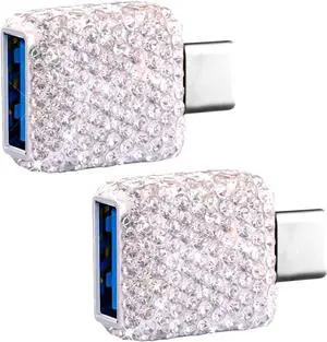 USB C Male to USB 3.0 Female Adapter 2Pack Type C to USB A 3.0 OTG Adapter Bling Bling Rhinestone Diamond Decors Compatible for Devices has USB C