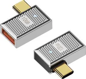 10Gbps USB C to USB3.1 90° Angle OTG Adapter 120W Type C Male to USB3.1 Female Right Angle Charger Data Connector Zn Alloy/LED Light for Phone Laptop Tablet Silvery/Side Bend 2Pcs