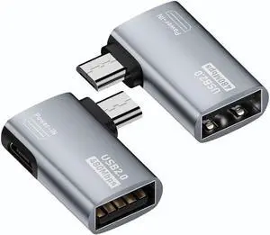 2-in-1 Powered Micro USB OTG Adapter 90 Degree Right Angled with Micro USB Power Charging Port 2 Pack