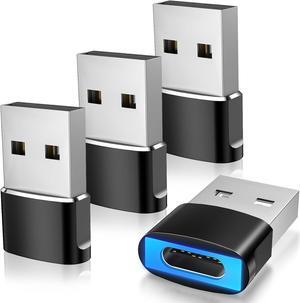 USB to USB C Adapter with LED Light 4 Pack Type C Female to USB Male Adapter Charger USB A to C Converter for iPhone 15/16 Pro Max Plus AirPods iWatch iPad Galaxy CarPlay Black
