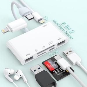 SD Card Reader for iPhone iPad 8-in-1 Lightning to USB Adapter with SD/TF Card Type C Audio Adapter/PD60W Lightning Charging 2*USB OTG Memory Card Reader for iPhone15/14/13/12 Samsung Plug and Play