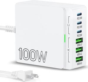 USB C Charger Block Charging Station: 100W 6 Port GaN Fast Charging Brick Hub - PD 3.0 Type C & USB A Charging Cube Box - Wall Charger Power Adapter for iPhone 16 Pro Max iPad  Android Pixel