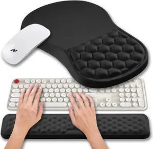 2 in 1 Ergonomic Mouse Pad Wrist Support & Wrist Rest for Computer Keyboard Set with Relieve Carpal Tunnel Pain Massage Bulge and Full Memory Gel Design (2In1 Set Black)