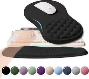 2-in-1 Ergonomic Set Wave Rise Keyboard Wrist Rest and Massage Bulge Slope Mouse Pad Wrist Support Cushion Memory Foam Integrated to Relieve Wrist Pain Black