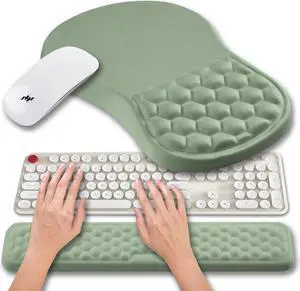 2 in 1 Ergonomic Mouse Pad Wrist Support & Wrist Rest for Computer Keyboard Set with Relieve Carpal Tunnel Pain Massage Bulge and Full Memory Gel Design (2In1 Set Light Green)