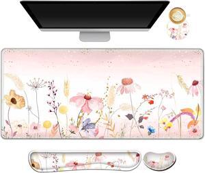 Keyboard Mouse Pad Wrist Rest Extended Gaming Mouse Pad +Wrist Support Ergonomic Memory Foam XXL Large Mousepad Easy Typing Pain Relief 4Pcs (35×15.7 in) Desk Mat Pink Flowers