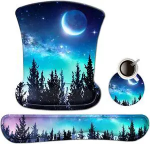 Ergonomic Keyboard Wrist Rest and Mouse Pad with Wrist Support Set Memory Foam Non-Slip Rubber Base for Gaming Working Home Office Easy Typing Pain Relief Forest Moon Sky
