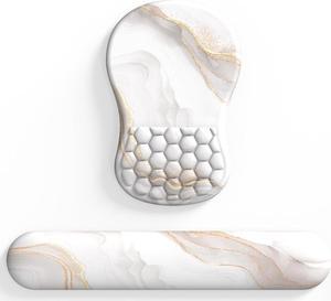 Wrist Rest Ergonomic Memory Foam Keyboard Wrist Pad & Mousepad Wrist Support Set with Non-Slip PU Base Pain Relief for Computer (White Marble)