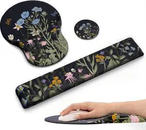 Ergonomic Wrist Rest 3 in 1 Comfortable Mouse and Keyboard Wrist Support Set Memory Foam PU Base Non-Slip Wrist Support for Desk Office and Home Use Floral