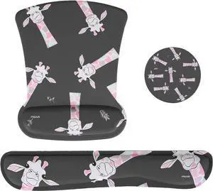 Wrist Rest Support for Mouse Pad&Keyboard Set Colorful Giraffe Ergonomic Mousepad&Coaster Non-Slip Base Home/Office Pain Relief&Easy Typing Cushion with Neoprene Cloth&Raised Memory Foam Gray