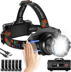 Rechargeable Headlamp Super Bright 3000LM Motion Sensor Head Lamp with 9 Modes Zoomable Headlamp for Adults 90° Adjustable IPX7 Waterproof High Power Head Light for Fishing Camping