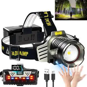 Rechargeable Headlamp 180000 LM Bright Head lamp 9 Mode Motion Sensor Hands-Free headlamps Digital Display Led Headlamp with Red Light Headlamp Battery Powered for Camping Running