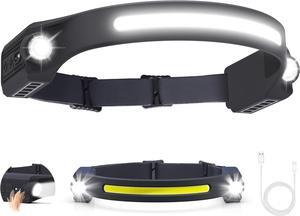 LED Headlamp Rechargeable 2 XPE LED and COB LED Head Lamp Head Flashlight for Adults Sensor Mode 260° Wide Beam IPX4 Waterproof Rechargeable Headlight for Camping Accessories (1 Pack)