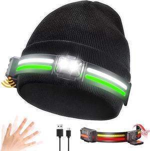Rechargeable Headlamp Beanie 1200Lumens Bright Beanie with Light 260°Wide Beam Unisex Hat Headlamp 14 Light Modes Motion Sensor Hat with Red&Green Light 5oz Lightweight for Women Men