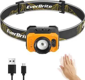 Rechargeable Headlamp 600 Lumen Head Lamp for Adults 4 Modes with Motion Sensor & Memory Function Zoomable Headlamp with Spotlight & Floodlight 75° Adjustable for Camping Running-Orange