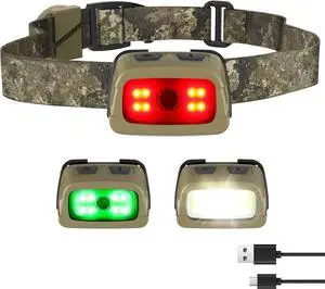 Rechargeable Headlamp - 350 Lumens Head Lamp for Adults 7 Modes with White/Red/Green Light 30°Adjustable LED Headlight for Camping Running Hunting and Hiking