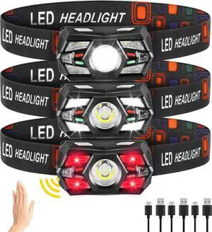 3Pack Headlamp Rechargeable Super Bright Head Lamps LED Rechargeable LED Headlight with Motion Sensor Head Lights for Forehead with Red Light Headlamps for Adults Kids Camping Essentials Running