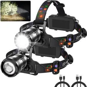Headlamp Rechargeable 2Pack 990000LM Super Bright Head Lamp Adjustable Focus LED Headlamp 90°Angle Head Lights for Forehead 4Mode Headlight Headlamps for Adults Hard Hat Camping Essentials Gear