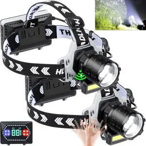 LED Headlamp Rechargeable 150000 Lumens Super Bright with 10 Modes & Motion Sensor 2 Pack Head Lamp with Zoomable IPX7 Waterproof 135°Adjustable for Outdoor Hiking Camping Running