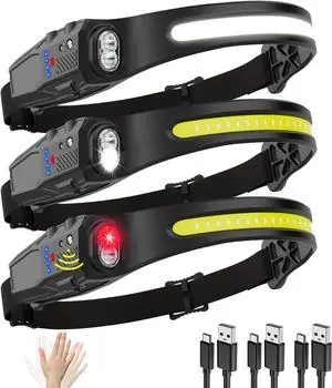 Headlamp Rechargeable 3Pack 230° Wide Beam LED Headlamp 7Mode Headlamps for Adults Head Lamp with Motion Sensor Red Light Head Lamps LED Rechargeable Head Lights for Forehead Running Camping