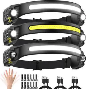 Rechargeable Headlamp with 2 Spotlights 3Pack LED Headlamp 230° Wide Beam Head Lamp Motion Sensor Headlight 5Mode Head Lights for Forehead Waterproof Headlamps for Adults Hard Hat Running Camping