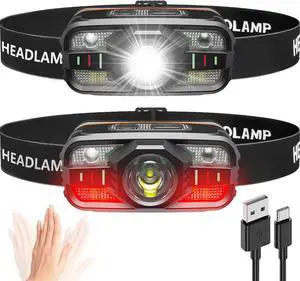 Headlamp Rechargeable 2000 Lumen Ultra-Light LED Headlight with White & Red Light Motion Sensor 11 Modes Waterproof Adjustable Headband for Outdoor Camping Hiking Fishing (2-Pack)