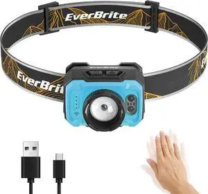 Rechargeable Headlamp 600 Lumen Head Lamp for Adults 4 Modes with Motion Sensor & Memory Function Zoomable Headlamp with Spotlight & Floodlight 75° Adjustable for Camping Running-Blue