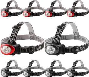 Headlamp 10 Pack 12 LED 3 Mode Portable Head Lamp Flashlight Outdoor Lightweight Durable Headlight for Running Camping Reading Fishing Hunting Walking Jogging Black + Red Color