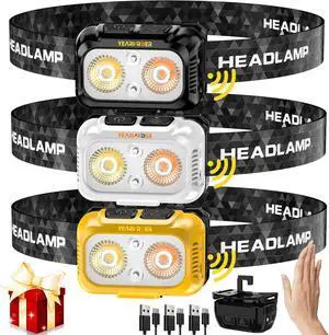 3pcs Lightweight Motion Sensor Red Light Headlamp 1200 LM 11 Kinds Modes Energy Saving IPX6 Waterproof Head Lamp Adjustable Hook Comfortable Headband Head Light for Camping Hiking Biking Run Mixed