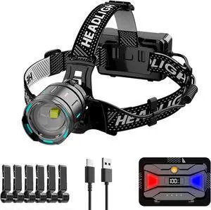 Rechargeable LED Headlamp 990000 Lumens USB-C Fast Charging 5 Modes Super Bright & Zoomable 90° Adjustable IPX7 Waterproof for Camping Exploring Fishing