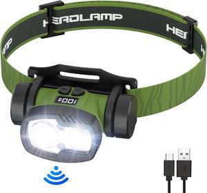 Rechargeable LED Headlamp Flashlight 1500 Lumen Headlight with 9 Modes Motion Sensor Head Lamp Camping Essentials Gear Waterproof Head Light Flashlight for Hiking Fishing Cycling Green