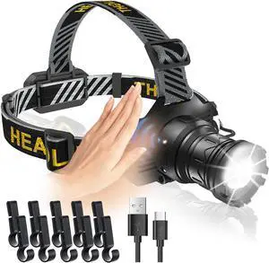 Ultra-Brightness Rechargeable Headlamp 990 000 Lumens 12 Modes Motion Sensor Red Warning Lights Zoom 60Hour Battery Life IP67 90°Angle Adjustable for Outdoor Indoor Camping Running Hunting Car Repair