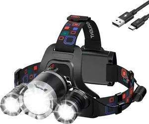 Headlamp Rechargeable High Lumes Lightweight Head Lamp with 3 Powered Bright LED Headlights 90°Adjustable 4+2 Modes & Tail Lights Waterproof Headlamp for Adult Outdoor Camping Hunting