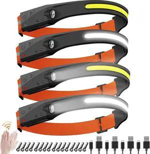 Rechargeable Headlamps 5 Light Modes 230° Wide Beam Spotlight with Motion Sensor Lightweight Waterproof LED Headlight with Clips for Hardhat Head Lamp for Camping Running (4 Orange)
