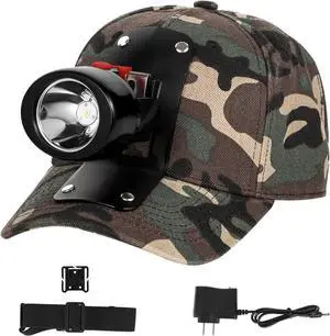 High Lumens LED Mining Headlamp with Hat - Waterproof Durable Long-Lasting Rechargeable Headlight Adjustable Strap Perfect for Miners Camping Hiking (KL3.0 Black-Red Button with Hat)