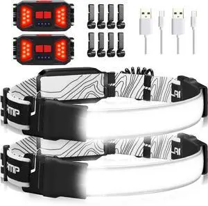 Rechargeable Headlamp 230°Wide-Angle 1000 Lumens Headlamp Flashlight with Red Taillight 3 Light Modes Lightweight LED Head Lamp Adjustable Waterproof Head Light for Running Cycling (Black(2-Pack))