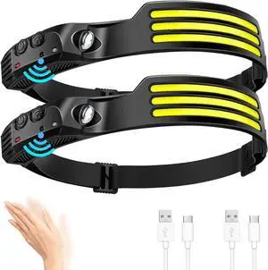 LED Headlamp Rechargeable (2 PCS) 230° Wide Beam Head Lamp with Motion Sensor Waterproof Head Light Flashlight for Hiking Running Repairing Fishing Cycling (Black 4)