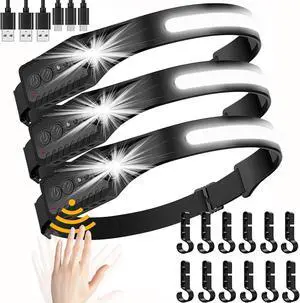 LED Rechargeable Headlamp Waterproof Camping Accessories for Adults Lightweight Head Lamp Flashlight 5 Modes for Outdoor Camping Running Cycling Fishing etc (3PCS Black)