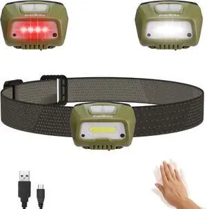 Rechargeable Headlamp LED Bright Motion Sensor Head Lamp Flashlight with 6 Modes Adjustable Headlight for Adults Kids with White Red Light Waterproof Green for Hiking Running Camping