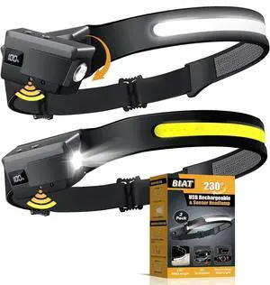 LED Headlamp Rechargeable 2PCS 230° Wide Beam Headlight with Motion Sensor 90° Rotation and Removable Head Lights for Forehead 5Mode Head Lamp for Adults Camping Essentials Gear for Hiking