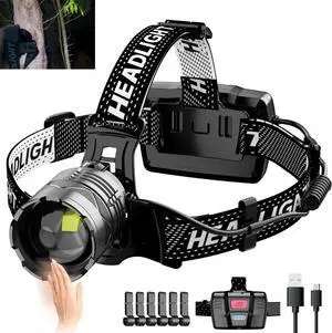 100000 Lumen LED Headlamp Rechargeable Head Lamp LED 7 Modes Super Bright Waterproof Head Lights 90° Adjustable Head Lamps for Running Camping Outdoors 50 Hours Battery Life Hard Hat Headlamps