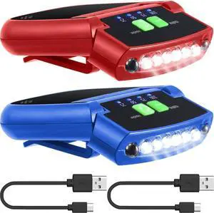 2 Pieces LED Clip on Cap Lights USB Rechargeable Cap Flashlight Clip Waterproof Ultra Bright Hat Flashlight Headlamp for Christmas Fishing Camping Hand Work(Blue Red)