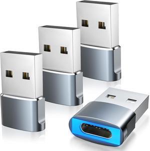 USB to USB C Adapter with LED Light 4 Pack Type C Female to USB Male Adapter Charger USB A to C Converter for iPhone 15/16 Pro Max Plus AirPods iWatch iPad Galaxy CarPlay Grey