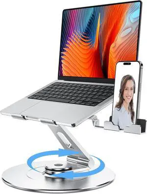 Laptop Stand with Phone Holder Adjustable Laptop Stand with 360 Rotating Base Aluminum Computer Mount Holder Ergonomics Laptop Riser for Desk Fits MacBook up to 17.3 All Notebooks Silver