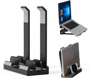 Vertical Laptop Stand for Desk,Three Slots Laptop Holder,Dual-Function,Space-Saving Upright Storage for Pad and Laptops,with Laptop Stand Ability(Black)