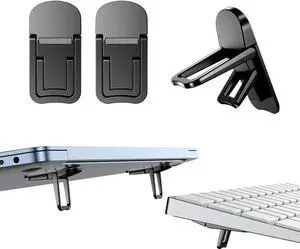 2PCS Zinc Alloy Mini Foldable Laptop Stand Portable Computer Keyboard Riser with 2 Adjustable Angles Self-Adhesive Invisible Notebook Stand and Keyboard Lift for Desk (Black)