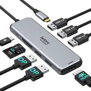 Docking Station Dual DisplayPort Selore USB c hub with 2 displayport HDMI 3*USB 3.0 100W PD SD & TF Slot 9 in 1 2 dp Multiport Adapter for MacBook/ XPS/HP// Surface