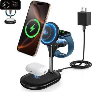 3 in 1 Wireless Charging Station for  MagSafe Charger 15W Fast Qi-Certified Magnetic Mag-Safe Charger Stand for iPhone 16 15 14 13 12  Watch AirPods Adjustable Angle Gifts for Men