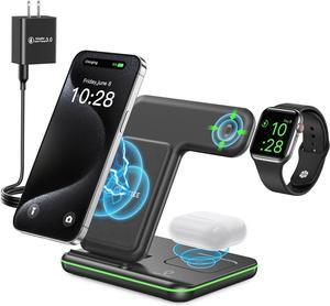 Wireless Charger 3 in 1 15W Fast Charging Station for  Watch 10/9/8/Ultra 2/Ultra/SE/7/6/5/4/3/2 for AirPods 4/3/2/Pro for iPhone 16/15/14/13 /Plus/Pro/Pro Max/12/11(Black)