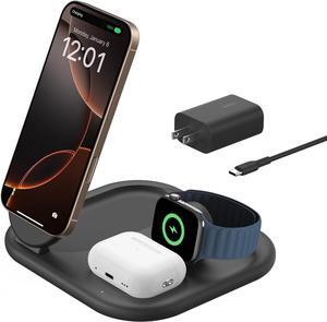 3-in-1 MagSafe-Compatible iPhone Charger 15W Foldable Magnetic Qi2-Certified Wireless Charging Station for iPhone 16  Watch Series 10 AirPods 4 and More w/Non-Slip Base & PSU - Black